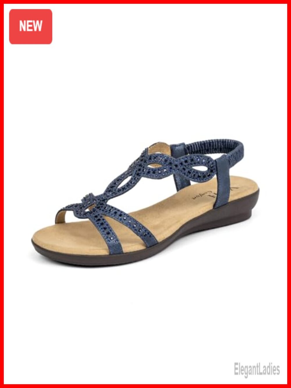 Faux Leather Rhinestone Flat Sandals Slip On Elastic Strap Comfortable Walking